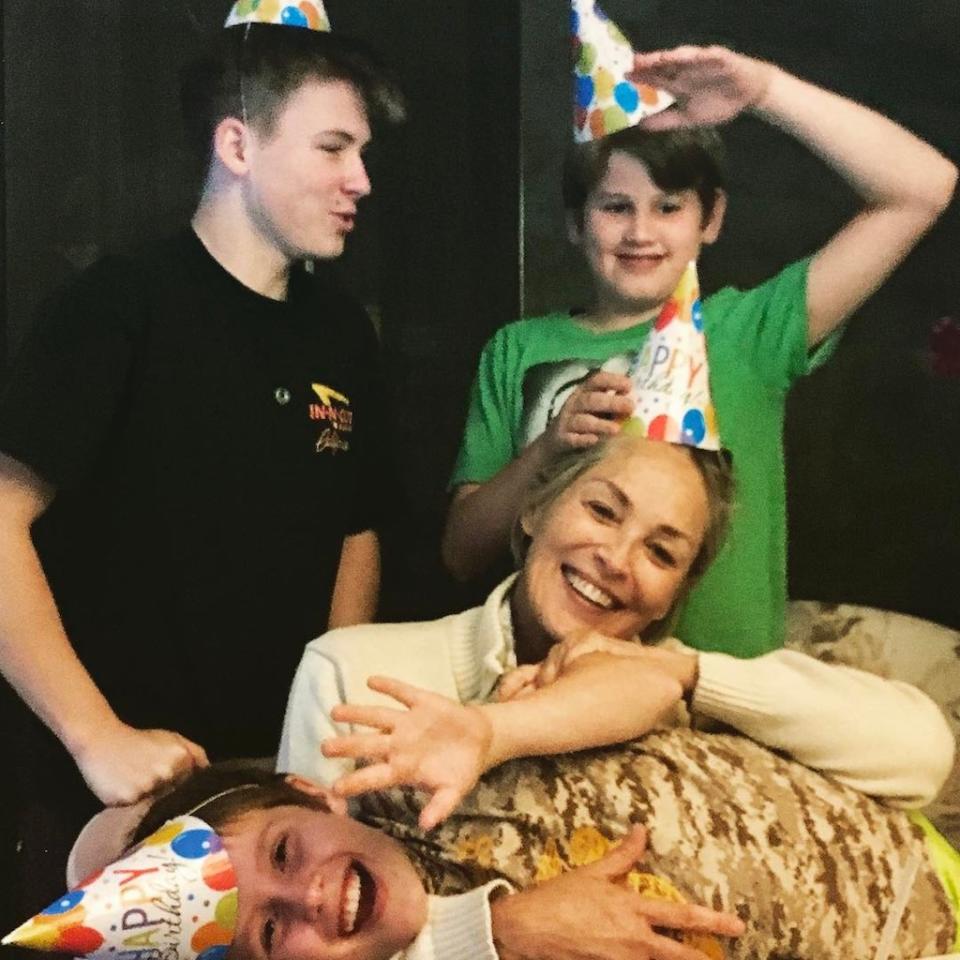 <p><span>The <em>Fatal Attraction</em> star marked son Laird’s birthday with this party pic of all <a rel="nofollow" href="https://www.yahoo.com/celebrity/sharon-stones-3-adopted-sons-best-thing-thats-ever-happened-232451199.html" data-ylk="slk:three of her adopted boys;elm:context_link;itc:0;sec:content-canvas;outcm:mb_qualified_link;_E:mb_qualified_link;ct:story;" class="link  yahoo-link">three of her adopted boys</a>. “Happy 12th birthday Laird! #family #love.” (Photo: <a rel="nofollow noopener" href="https://www.instagram.com/p/BT5RKsFgwur/?taken-by=sharonstone" target="_blank" data-ylk="slk:Sharon Stone via Instagram;elm:context_link;itc:0;sec:content-canvas" class="link ">Sharon Stone via Instagram</a>)</span><br></p> 