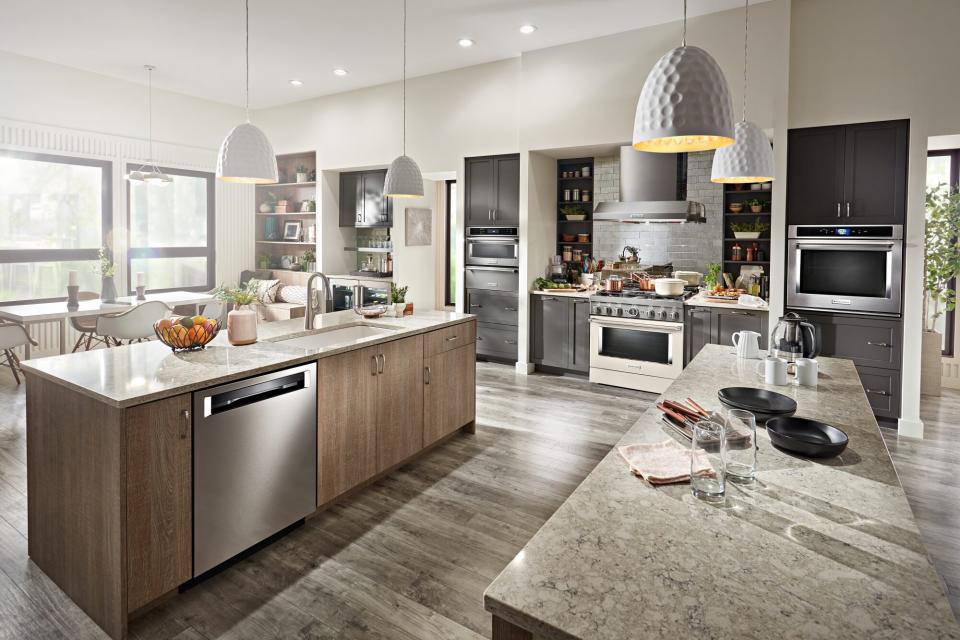 open floor plan kitchen with stainless steel kitchenaid appliances