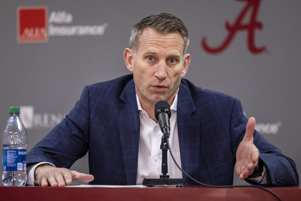 Alabama basketball head coach Nate Oats takes questions at his press conference, Monday, Jan. 16, 2023, in Tuscaloosa, Ala. This was Oats' first meeting with the media after the dismissal of Darius Miles from the basketball team, following Miles' arrest for capital murder Sunday. (AP Photo/Vasha Hunt)