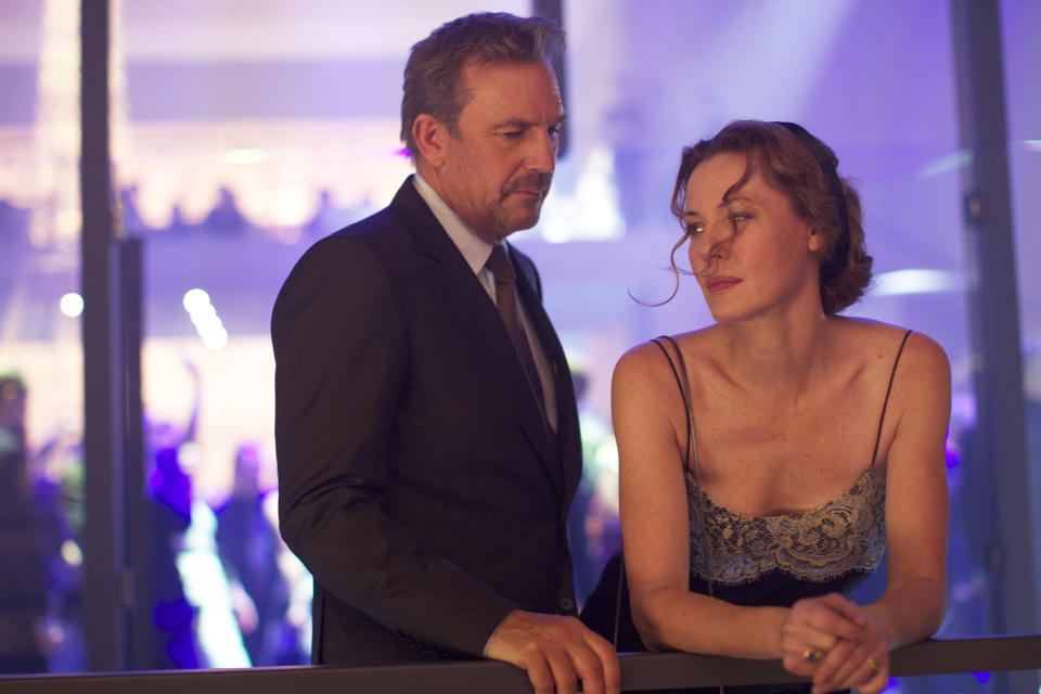 This image released by Relativity Media shows Kevin Costner, left, and Connie Nielsen in a scene from "3 Days to Kill." (AP Photo/Relativity Media, Julian Torres)