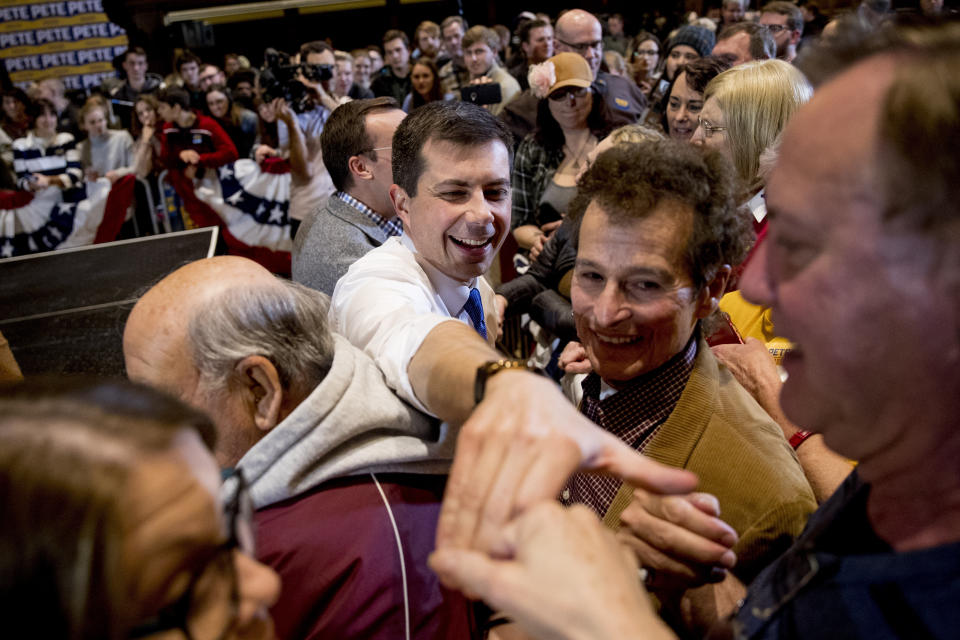 Democratic presidential candidate Pete Buttigieg (center) greets members of the audience during a campaign stop at Iowa State University on Jan. 13, 2020, in Ames, Iowa. (Photo: Andrew Harnik/ASSOCIATED PRESS)