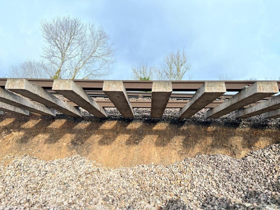 The 44-metre landslip which happened on the embankment to the northeast of Hook station in Hampshire on the line from London to Basingstoke (PA)