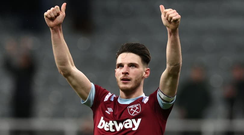  Declan Rice gestures duting West Ham's 1-1 draw against Newcastle in February 2023. 