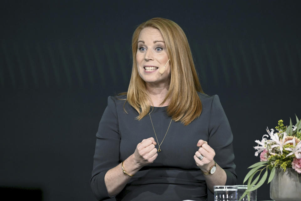 The leader of the Center party Annie Lööf speaks at the party's election watch at the Hotel At Six in Stockholm, Sweden, late Sunday evening, Sept. 11, 2022. An exit poll projected that Sweden’s ruling left-wing Social Democrats have won the most votes in a general election Sunday, while a right-wing populist party had its best showing yet. (Anders Wiklund/TT News Agency via AP)