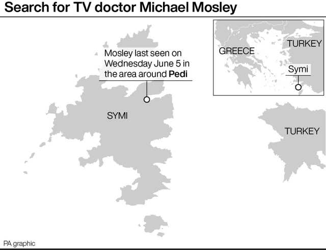 Σημειωμένο σχέδιο που δείχνει πού εθεάθη για τελευταία φορά ο Michael Mosley στο ελληνικό νησί της Σύμης