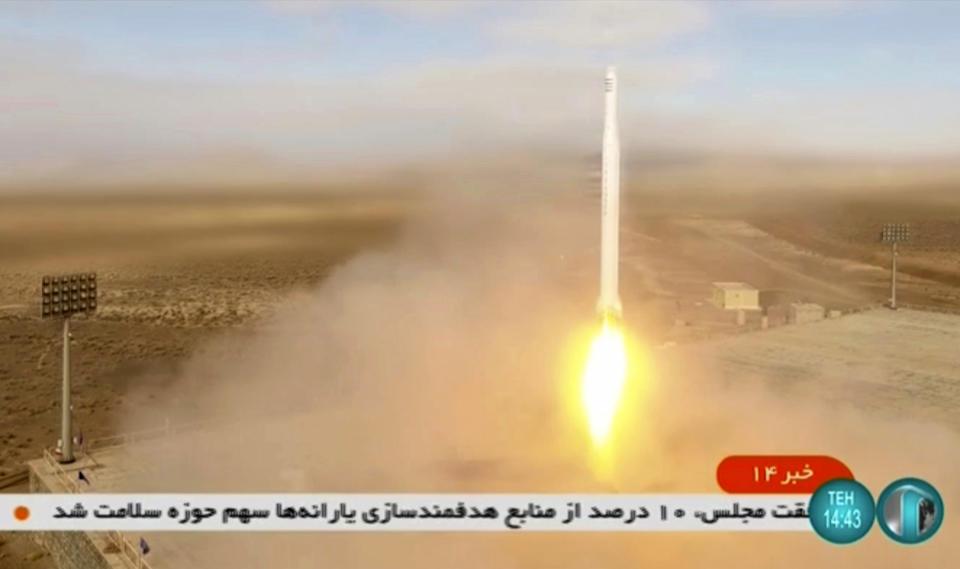 FILE - This image taken from video footage aired by Iranian state television on March 8, 2022, shows the launch of a rocket by Iran's Revolutionary Guard carrying a Noor-2 satellite in northeastern Shahroud Desert, Iran. As the war in Ukraine rages on, diplomats trying to salvage the languishing 2015 Iran nuclear deal have been forging ahead with negotiations despite distractions caused by the conflict. (Iranian state television via AP, File)