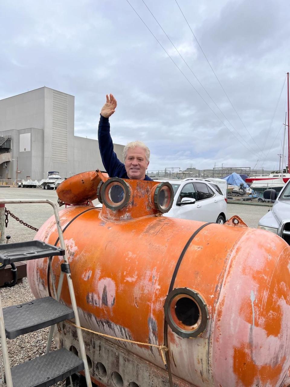 Bill Price of Cayucos pops out of a small sub during a visit to the Morro Bay Maritime Museum in March 2020.