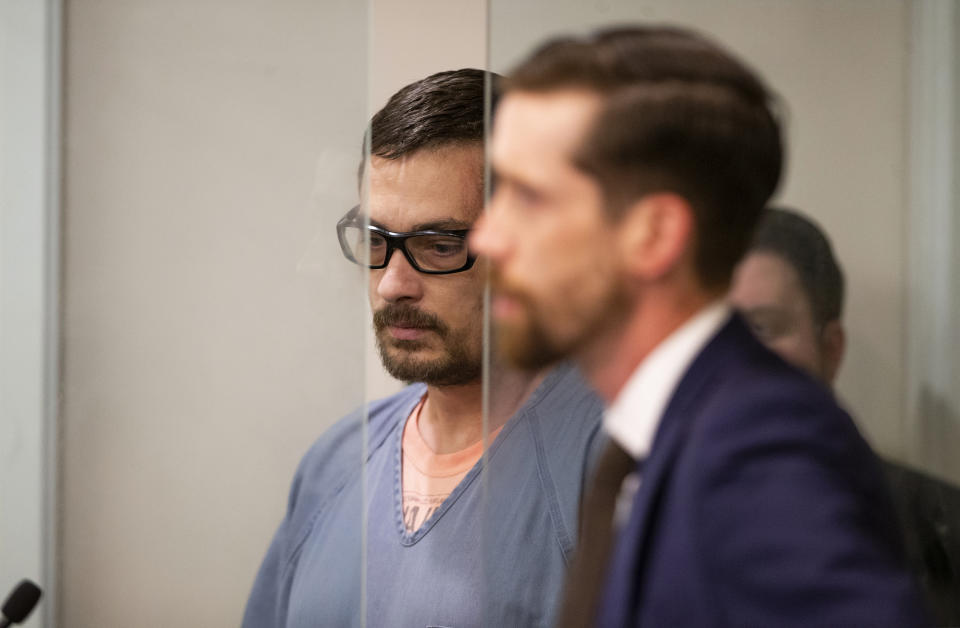 Jesse Lee Calhoun is seen in Multnomah County Circuit Court for his arraignment on Thursday, June 6, 2024, in Portland, Ore. Calhoun entered not guilty pleas Thursday to all charges in the criminal case involving the second-degree murder charges in the deaths of Charity Lynn Perry, 24; Bridget Leanne Webster, 31; and Joanna Speaks, 32. (Dave Killen/The Oregonian via AP, Pool)