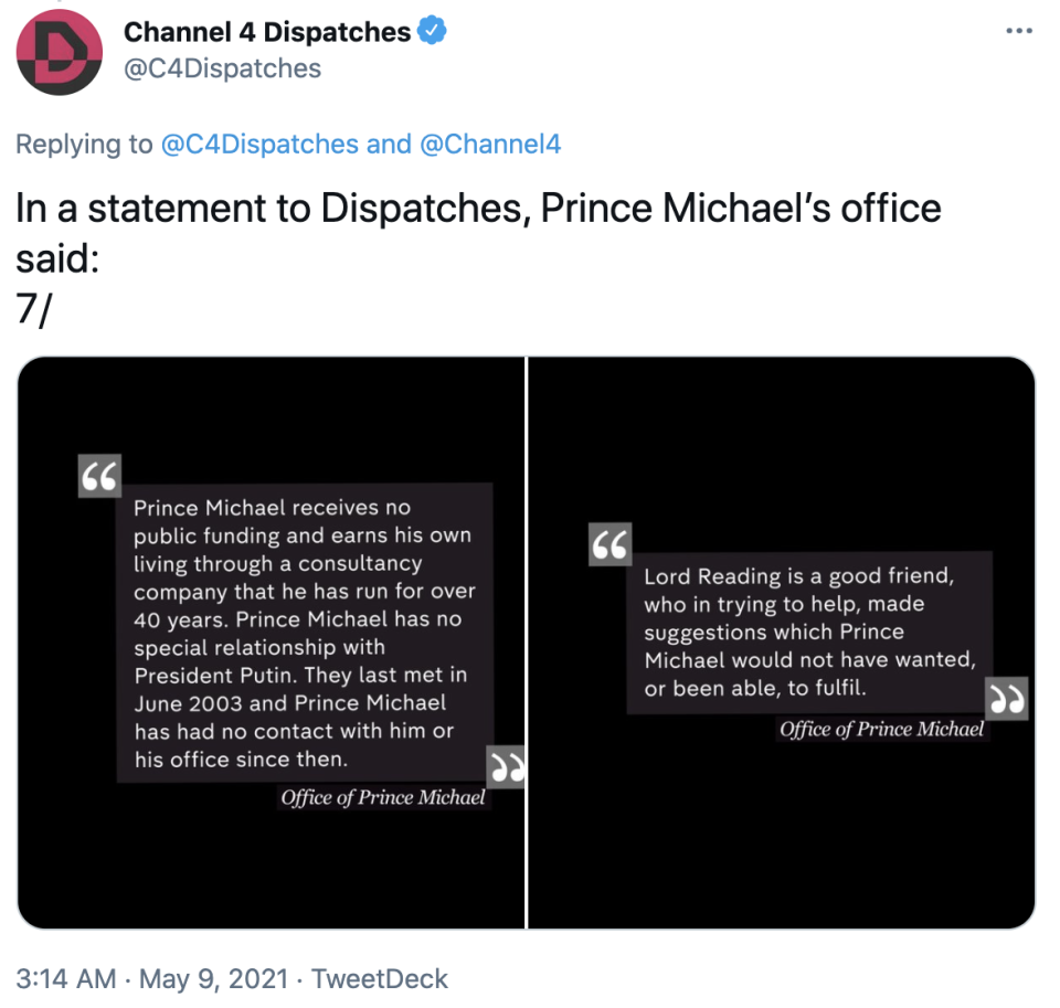 Prince Michael’s office shared a statement with Dispatches denying the allegations. Photo: Twitter/C4Dispatches.