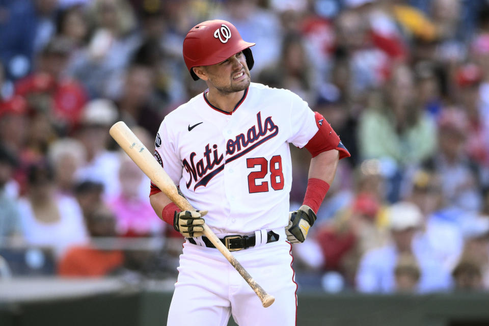 Washington Nationals' Lane Thomas reacts during his at-bat in the sixth inning of the team's baseball game against the San Diego Padres, Thursday, May 25, 2023, in Washington. The Padres won 8-6. (AP Photo/Nick Wass)