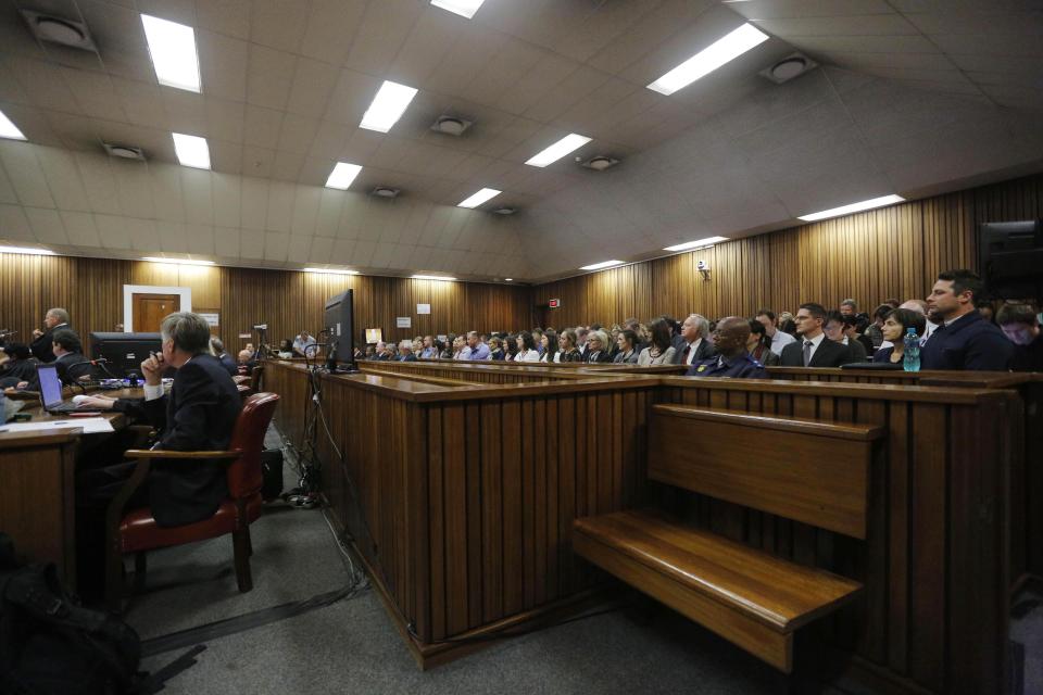 El fiscal Gerrie Nel (de pie al extremo izquierdo) interroga a Oscar Pistorius en el tribunal en Pretoria, Sudáfrica, el lunes 14 de abril de 2014. (Foto de AP/Kim Ludbrook)