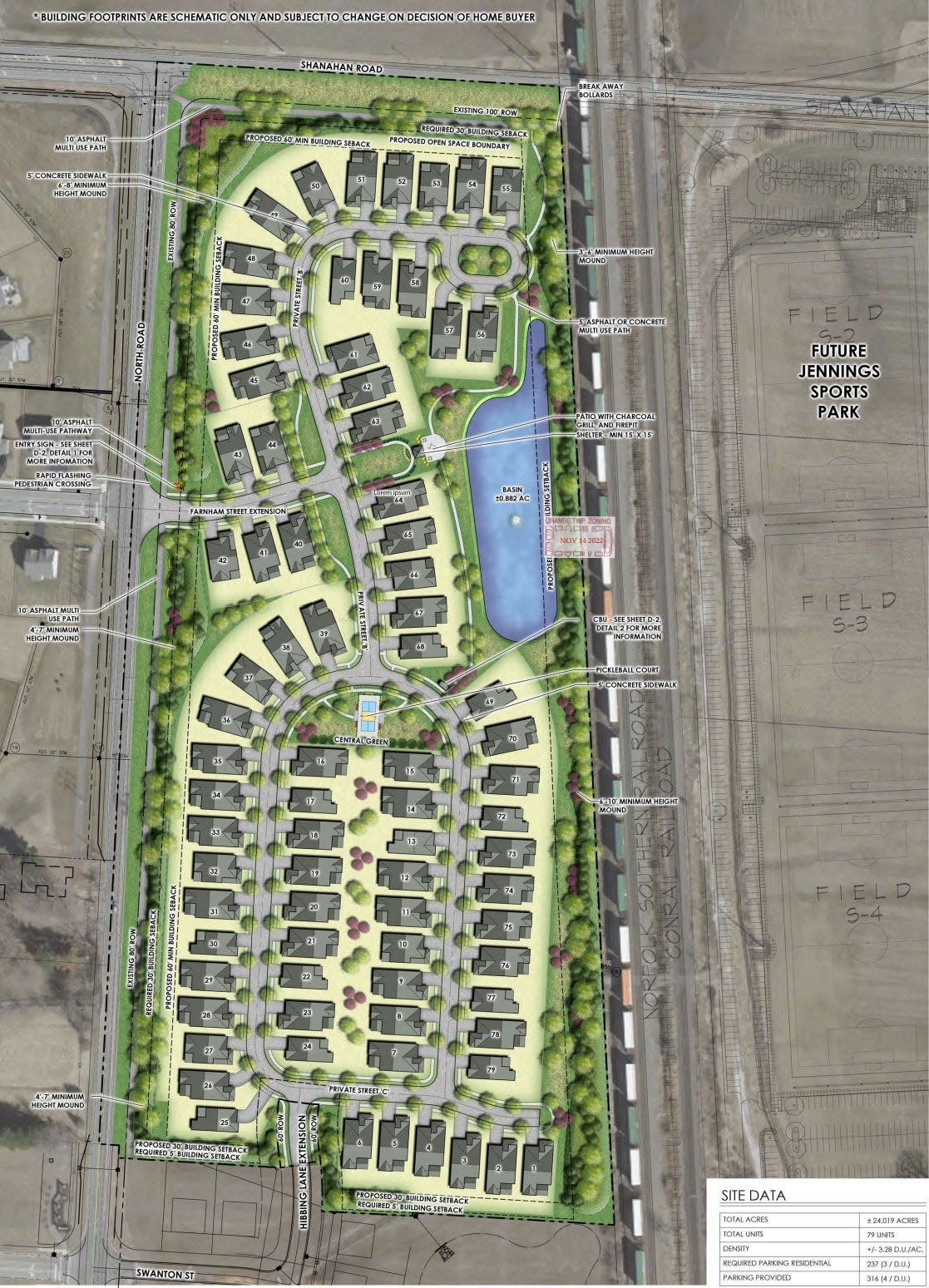 Aurora Farms is to  include 79 standalone condominiums, with prices starting at $350,000 each, on 24 acres at the corner of North and Shanahan roads. Shanahan Road is shown at the top in this image.