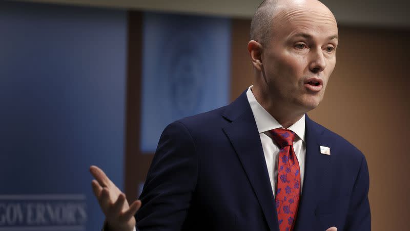 Gov. Spencer Cox speaks to reporters at the PBS monthly news conference at the Eccles Broadcast Center in Salt Lake City on Thursday, Feb. 15, 2024.