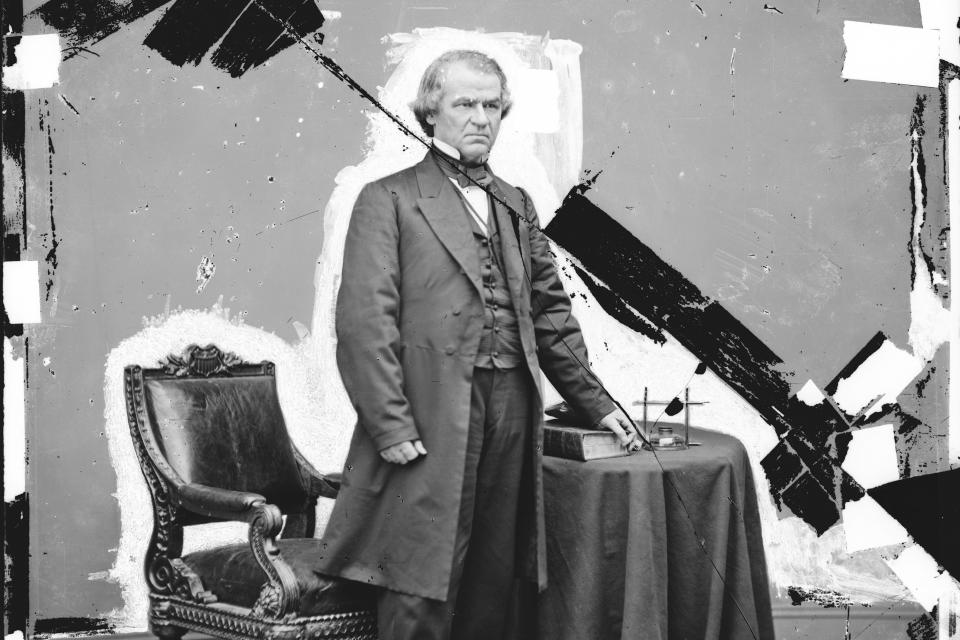 FILE - This 1865-1880 photo made available by the Library of Congress shows a damaged glass negative of President Andrew Johnson. The first American president to have his legacy tarnished by impeachment, Johnson’s woes arose from his intense feuding with Congress over Reconstruction following of the Civil War. (Brady-Handy photograph collection/Library of Congress via AP)