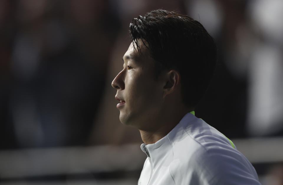 Tottenham's Son Heung-min ahead the Champions League soccer match between Tottenham Hotspur and Olympique de Marseille at Tottenham Hotspur stadium, in London, England, Wednesday, Sept. 7, 2022. (AP Photo/Ian Walton)