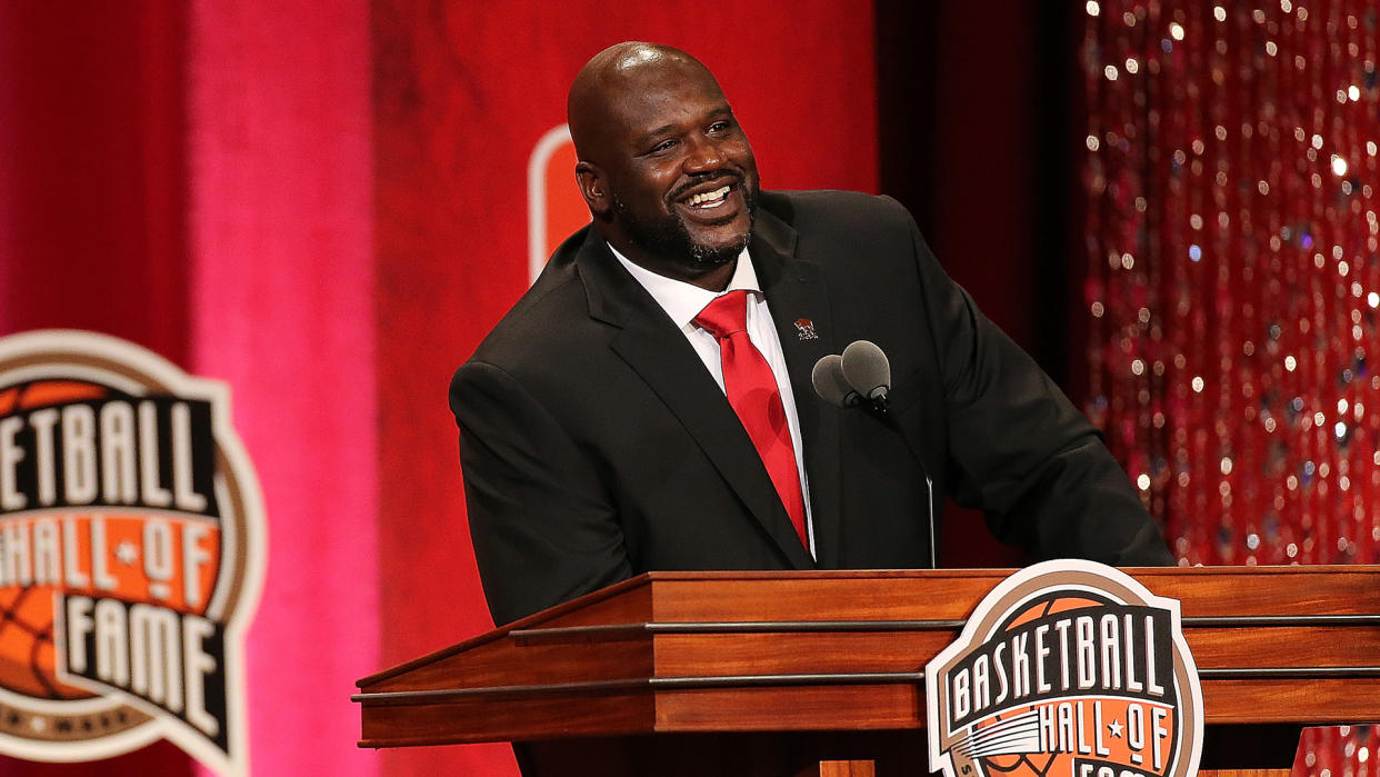 SPRINGFIELD, MA - SEPTEMBER 09:  Shaquille O'Neal reacts during the 2016 Basketball Hall of Fame Enshrinement Ceremony at Symphony Hall on September 9, 2016 in Springfield, Massachusetts.