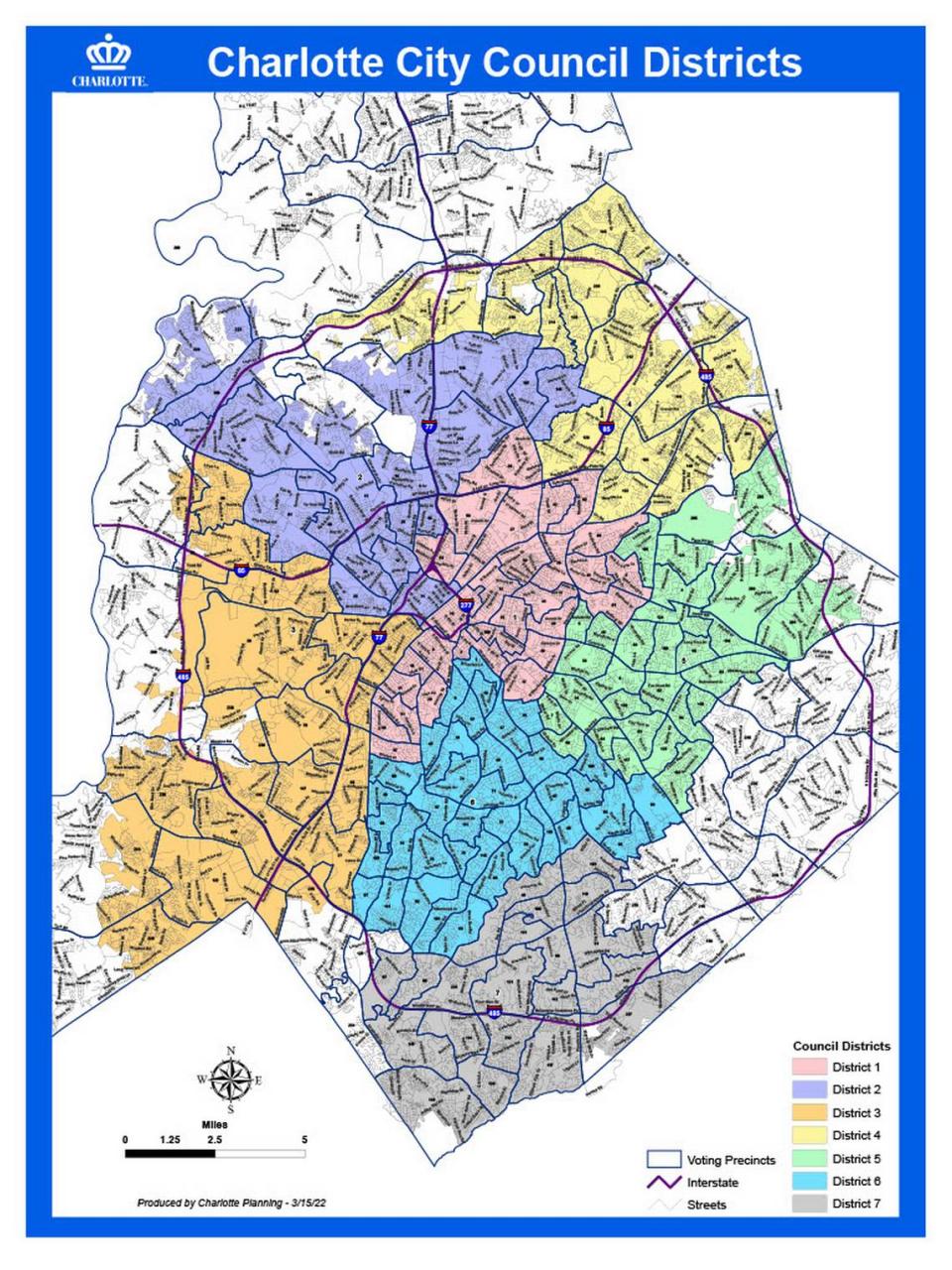 This map shows the Charlotte City Council districts. District 4 is in yellow. It includes University City and parts of northeast Charlotte.