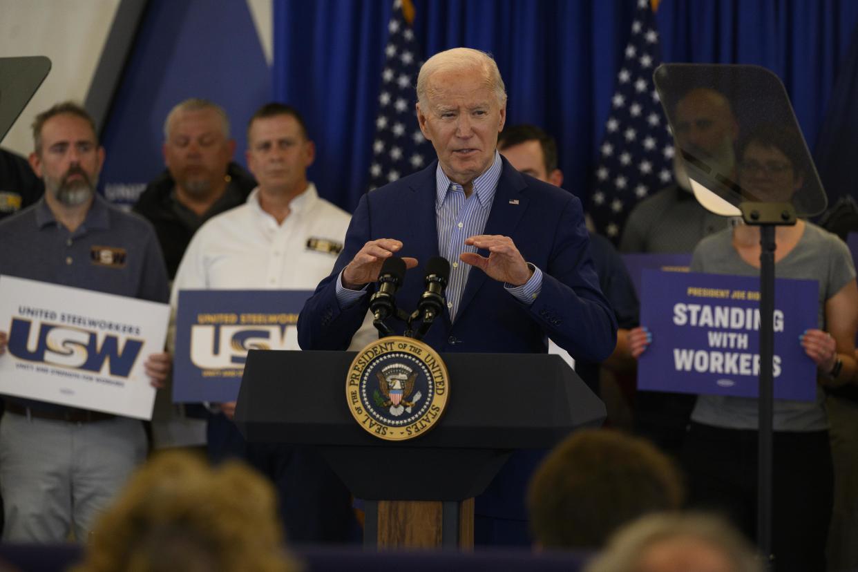 President Joe Biden speaks to members of the United Steel Workers Union at the United Steel Workers Headquarters on April 17, 2024 in Pittsburgh, Pennsylvania.