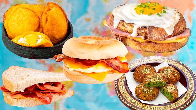 Breakfast sandwiches on blue background