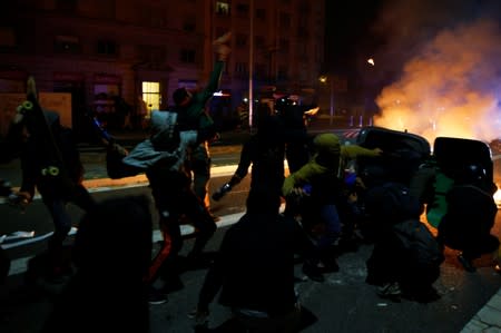 Separatists protest after a verdict in a trial over a banned Catalonia's independence referendum in Barcelona