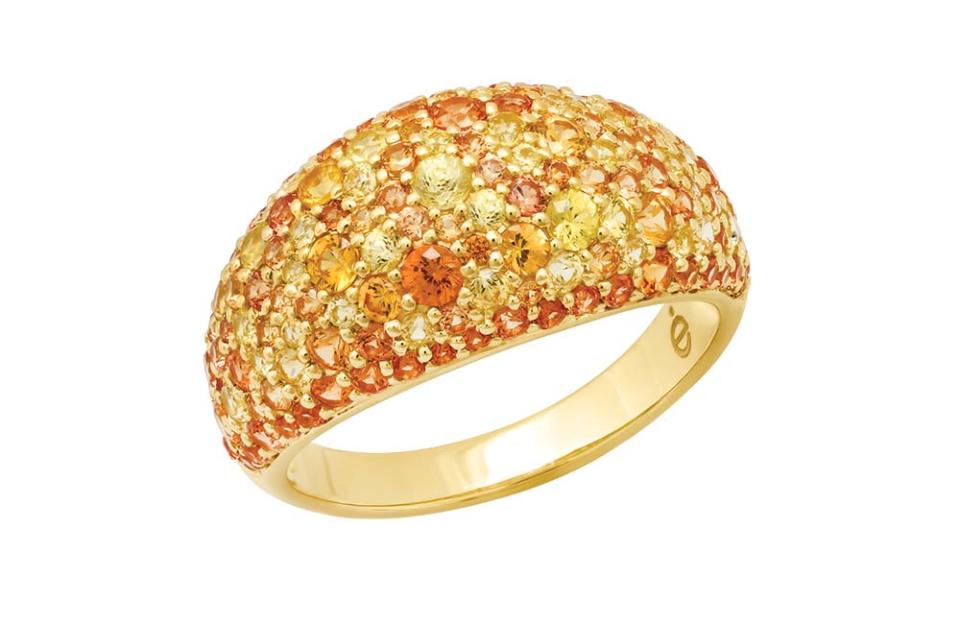 Sunburst cocktail ring in 14-karat yellow gold with orange and yellow sapphires; $2,650, at eriness.com