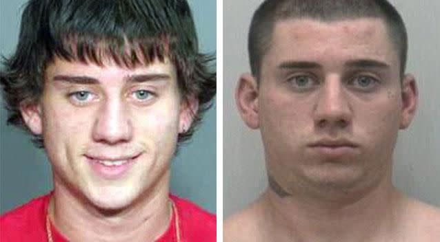 Robert Hardister's first mugshot at age 18 in 2009, left, and the beginnings of his transformation, right. Photo: Supplied
