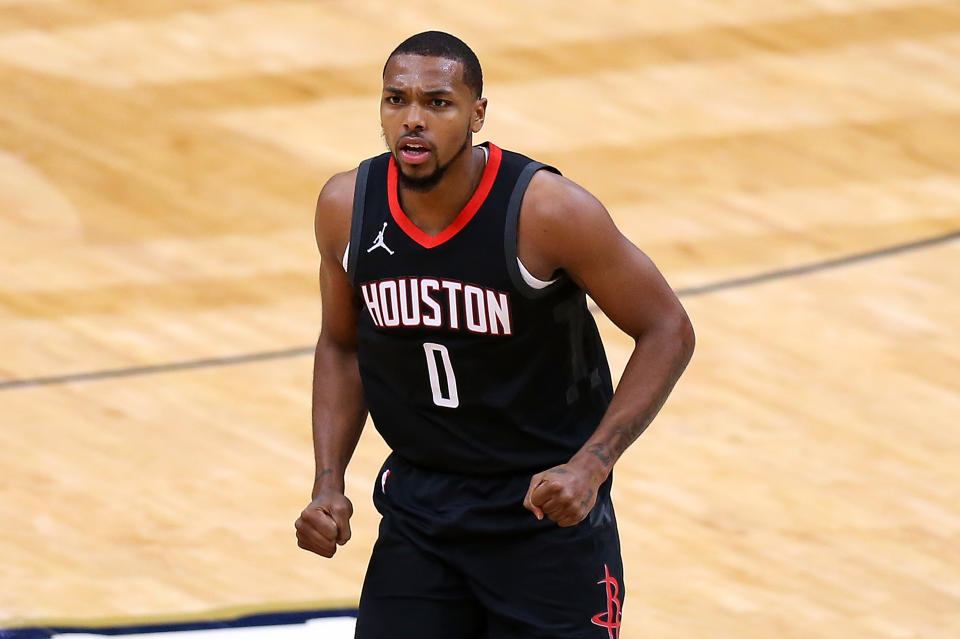 NEW ORLEANS, LOUISIANA - JANUARY 30: Sterling Brown #0 of the Houston Rockets reacts against the New Orleans Pelicans during a game at the Smoothie King Center on January 30, 2021 in New Orleans, Louisiana. NOTE TO USER: User expressly acknowledges and agrees that, by downloading and or using this Photograph, user is consenting to the terms and conditions of the Getty Images License Agreement. (Photo by Jonathan Bachman/Getty Images)