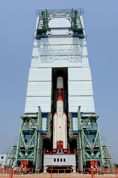 Housed within the support structure, India’s first home-made eye in the sky looks impressively huge.