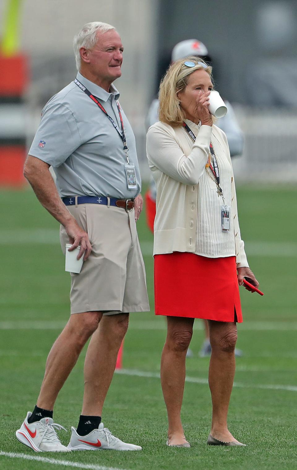Cleveland Browns owners Jimmy and Dee Haslam watch their team practice during NFL football training camp, Thursday, July 29, 2021, in Berea, Ohio.