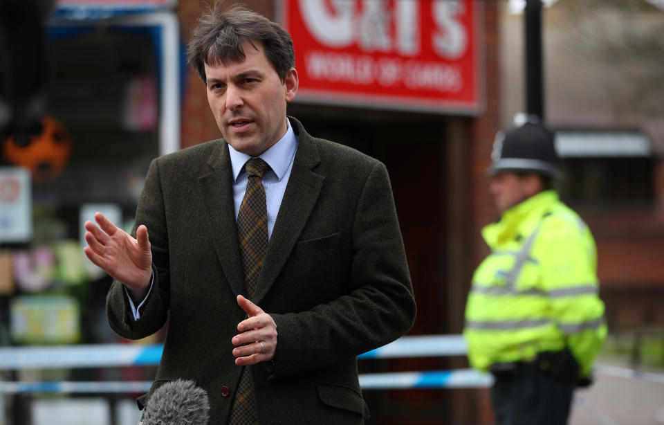 John Glen, local Member of Parliament for Salisbury and South Wiltshire, talks to the media in Salisbury, Britain, April 3, 2018. REUTERS/Hannah McKay