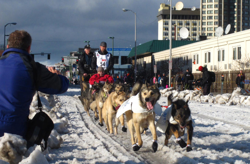 FILE - In this March 7, 2015, file photo, musher Peter Kaiser, of Bethel, Alaska, leads his team past spectators during the ceremonial start of the Iditarod Trail Sled Dog Race, in Anchorage, Alaska. PETA is the biggest critic of the world's most famous sled dog race, but new Iditarod CEO Rob Urbach has started discussions with the animal rights group and plans a sit-down meeting with PETA, Thursday, Oct. 17, 2019, in Los Angeles. (AP Photo/Rachel D'Oro, File)