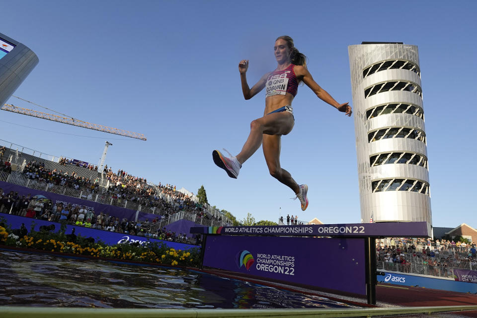 FILE - Emma Coburn, of the United States, competes in the women's 3000-meter steeplechase final at the World Athletics Championships on July 20, 2022, in Eugene, Ore. Coburn has won a world title and an Olympic bronze medal in the steeplechase and, while she's still pursuing that event, she's taking on a new challenge of the World Cross-Country Championships on Saturday, Feb. 18, 2023, in Bathurst, a rural town about a three-hour drive west of Sydney. (AP Photo/Charlie Riedel, File)