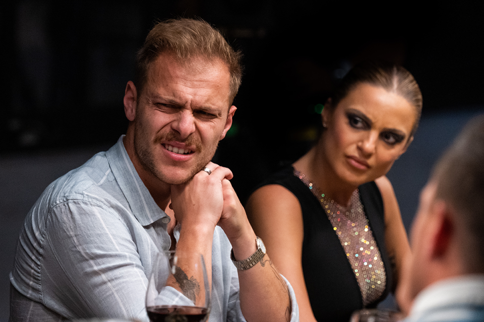 MAFS' Domenica Calarco and Jack Millar looking confused.