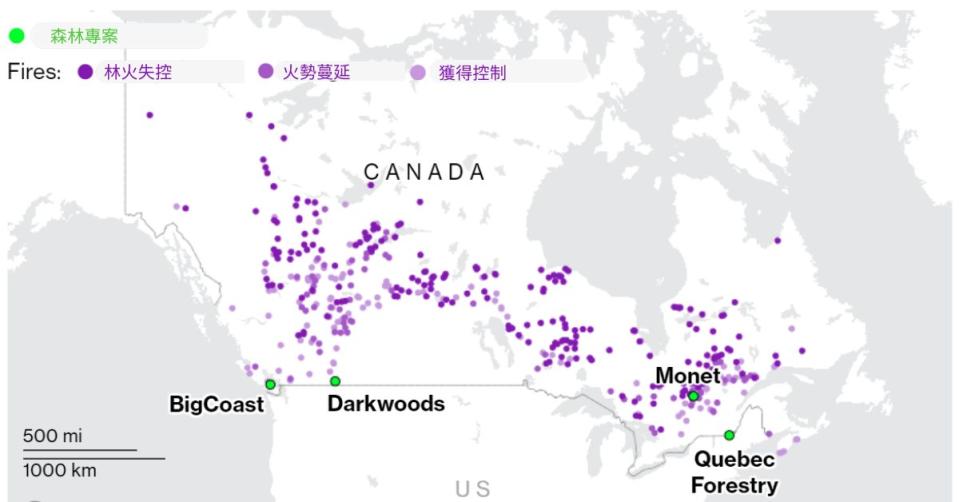 2023年加拿大受林火影響的碳匯林專案分布圖。
