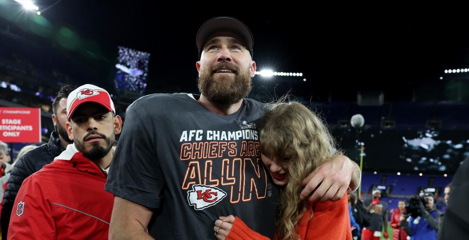 Travis Kelce revealed the story behind his appearance in Taylor Swift's Eras Tour on his "New Heights" podcast.