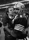 Edmonton Eskimos head coach Hugh Campbell hugs QB Warren Moon after the team defeated the Montreal Alouettes for the second consecutive year to win the Grey Cup in 1979. (The Canadian Press)