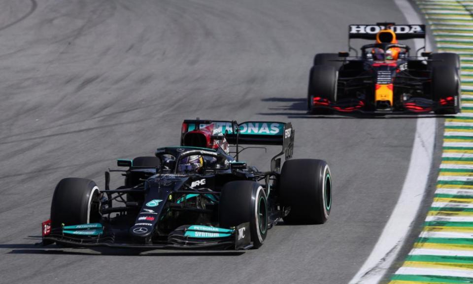 Mercedes' Lewis Hamilton leads Red Bull’s Max Verstappen at the Jose Carlos Pace Circuit in São Paulo.