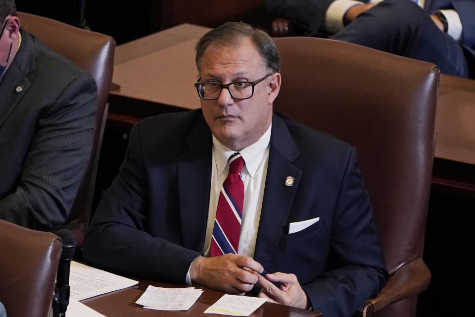 FILE - Oklahoma state Rep. Terry O'Donnell, Speaker Pro Tempore, sits on the House floor on Jan. 5, 2021, in Oklahoma City. Oklahoma Attorney General Gentner Drummond said Thursday, April 6, 2023, that he plans to drop all criminal charges against O’Donnell and his wife. O'Donnell was accused of misusing his power as a lawmaker to change state law so his wife could become a tag agent. (AP Photo/Sue Ogrocki, File)