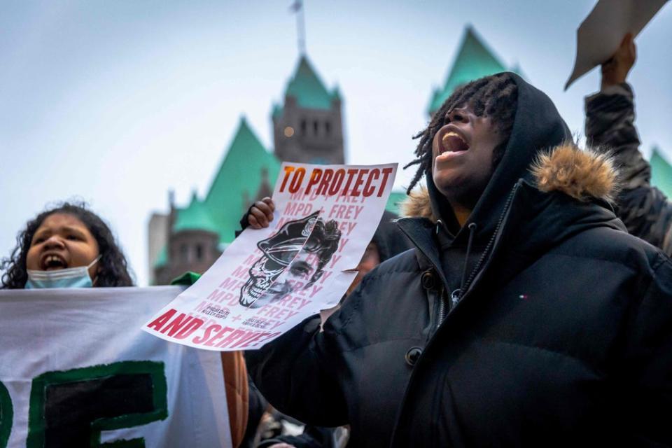 A demonstrator chants Amir Locke's name during a rally in protest of his killing, outside the Hennepin County Government Center in Minneapolis, Minnesota on February 5, 2022 (AFP via Getty Images)