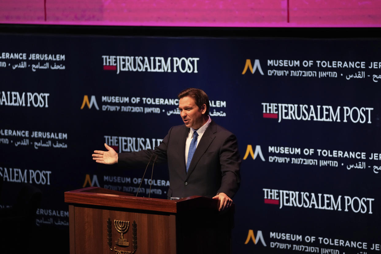 Florida Gov. Ron DeSantis gestures during a conference titled "Celebrate the Faces of Israel" at Jerusalem's Museum of Tolerance, Thursday, April 27, 2023. (AP Photo/Maya Alleruzzo, Pool)