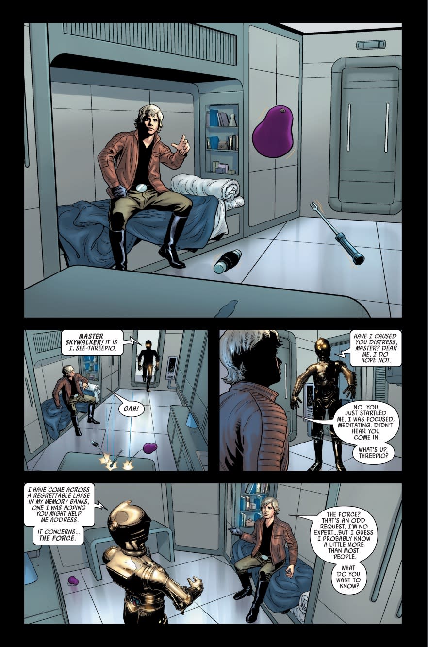 several panels from a page of a comic book, showing humans and droids interacting.