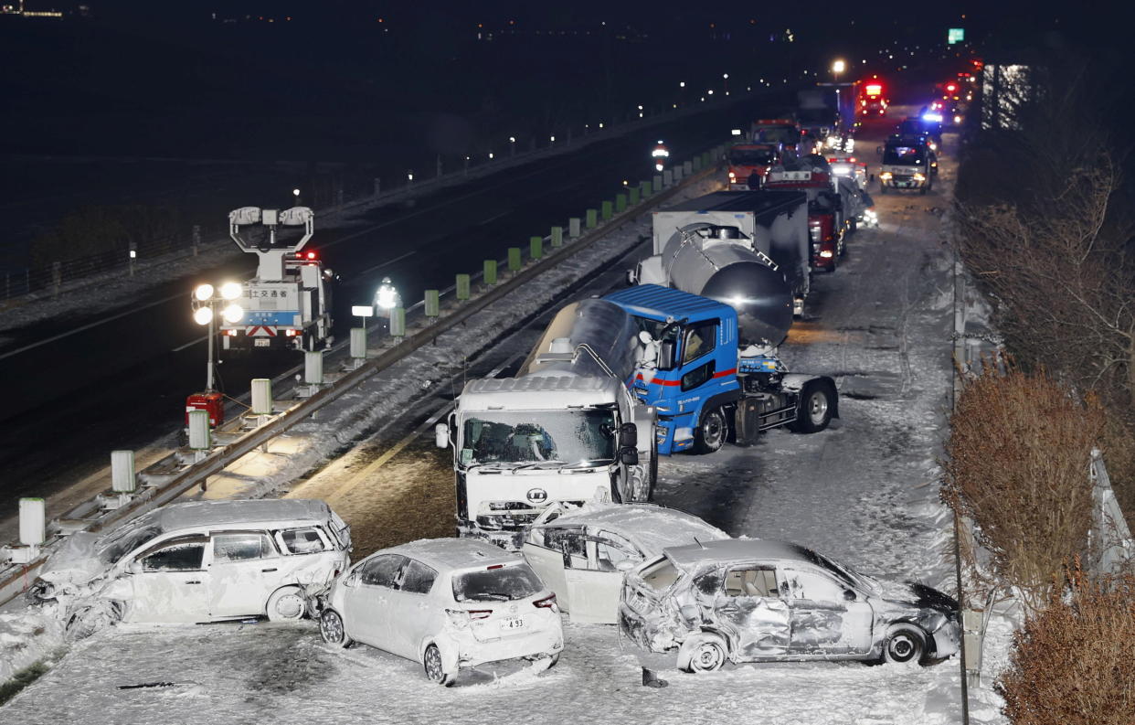 General view shows the site where cars were involved in a series of crashes when a snow storm struck a stretch of highway on the Tohoku Expressway in Osaki, Miyagi prefecture, northern Japan January 19, 2021. Kyodo via REUTERS ATTENTION EDITORS - THIS IMAGE WAS PROVIDED BY A THIRD PARTY. MANDATORY CREDIT. JAPAN OUT. NO COMMERCIAL OR EDITORIAL SALES IN JAPAN.