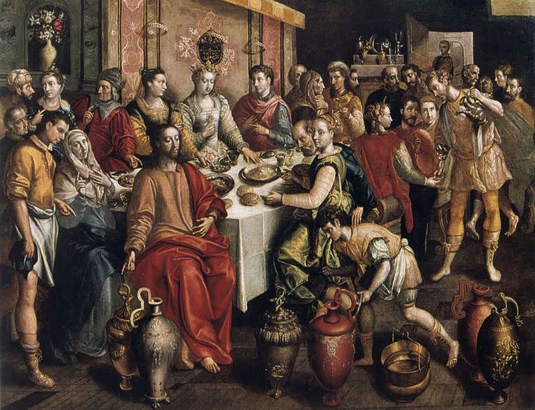 'La boda en Cana', donde Jesús tornó agua en vino. Obra de Martin de Vos, 1596-1597