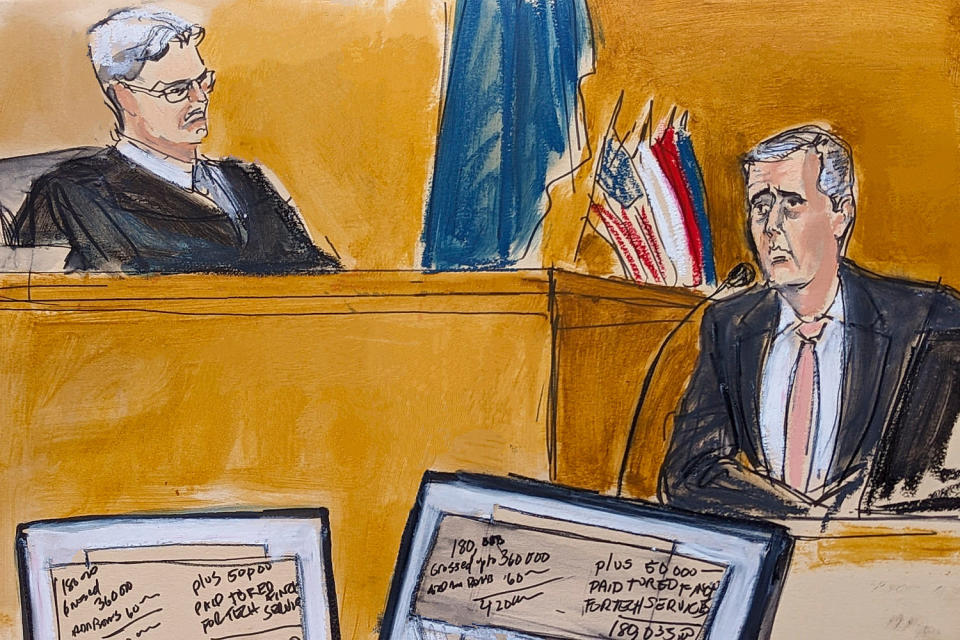 Courtroom sketch of Michael Cohen testifies on the witness stand (Elizabeth Williams / via AP)