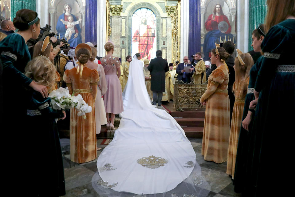 ST PETERSBURG, RUSSIA  OCTOBER 1, 2021: The wedding of Grand Duke George Mikhailovich of Russia and Rebecca (Victoria) Bettarini of Italy at St Isaac's Cathedral. Peter Kovalev/TASS (Photo by Peter Kovalev\TASS via Getty Images)