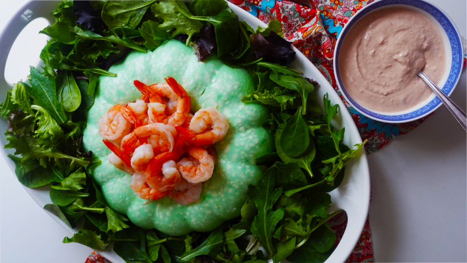 Lime Cottage Cheese Jello Salad with Sour Cream Chili Sauce Dressing