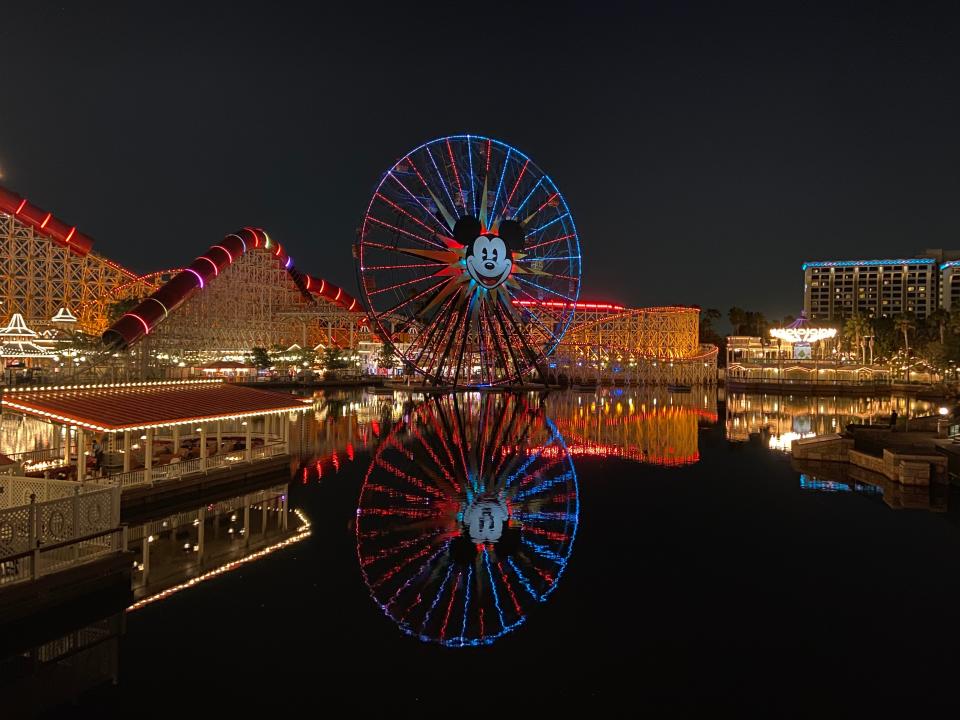 disney california adventure park lit up at nighttime