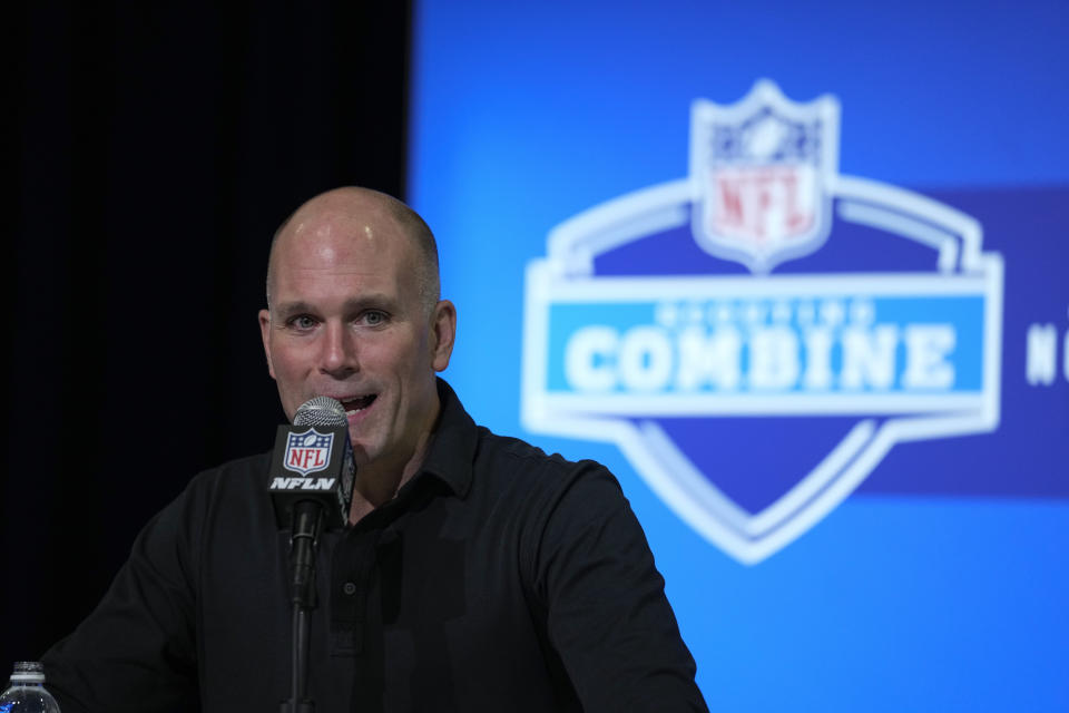 Baltimore Ravens generall manager Eric DeCosta speaks during a press conference at the NFL football scouting combine in Indianapolis, Wednesday, March 1, 2023. (AP Photo/Michael Conroy)