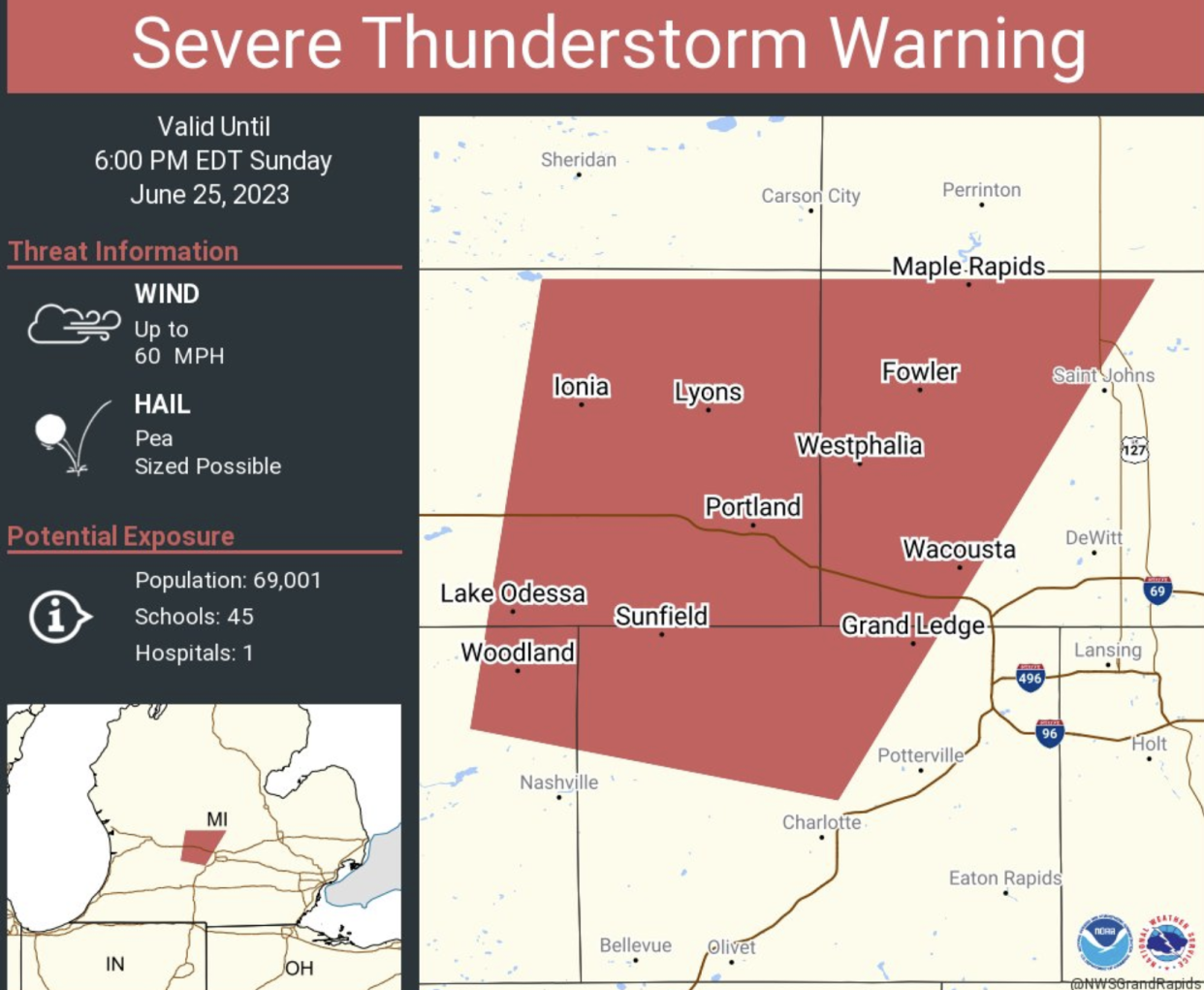 The National Weather Service Grand Rapids office has issued a thunderstorm warning for portions of Ionia, Clinton and Eaton counties.