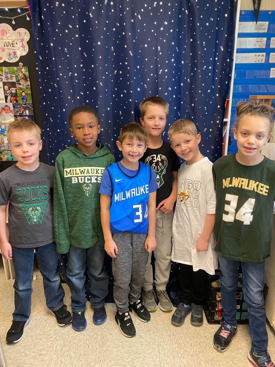 Andrew, Chase, Silas, Jacob, David, and Bailey dress up for Bucks Day at their Menomonee Falls elementary school.
